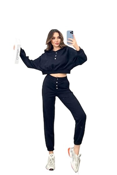 ADROM Women's Tracksuit with Hood, Snap Buttons on Hoodie and Pants, Cotton, Black - M INTL