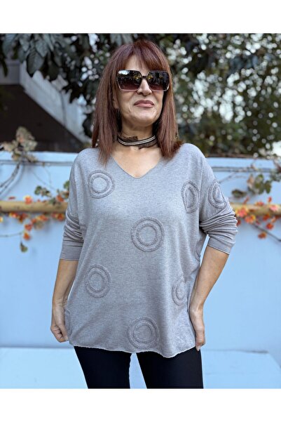 DenizEge Women's V-Neck Knitwear with Ring Motif Embossed Angora Blend in Gray