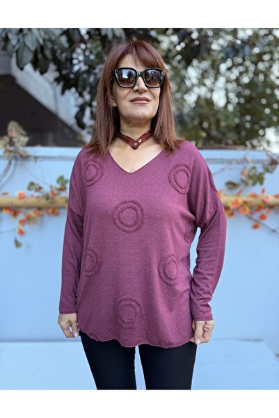 DenizEge Women's Ring Motif Embossed Angora Blend V-Neck Knitwear Burgundy