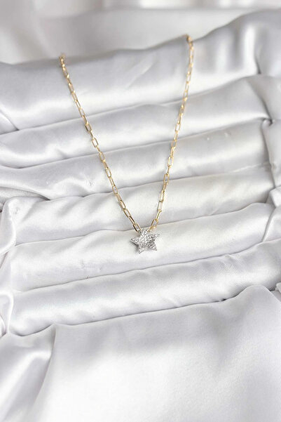 HarmonyAura Brass Gold Color Chain Zircon Stone Minimal Star Model Women's Necklace