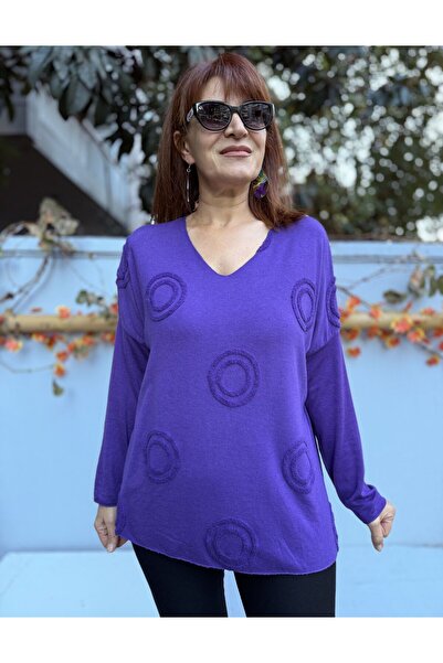 DenizEge Women's Ring Motif Embossed Angora Blend V-Neck Knitwear Purple