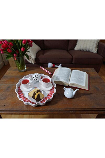 Canbay Store 2 li Papatya Kırmızı Kuşlu Tepsi Beyaz Kahve Tepsisi