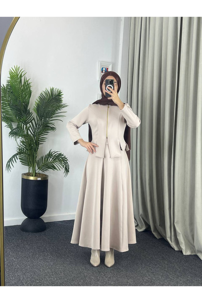 Esre Store 4558 - طقم حجاب مزدوج من قماش السكوبا باللون البيج