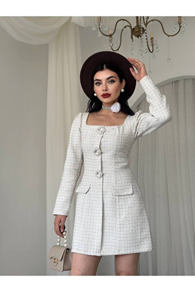 Julidress decolteu pătrat Rochie din tweed premium, mini dimensiune, cu broșă cu sclipici și broderie cu pietre