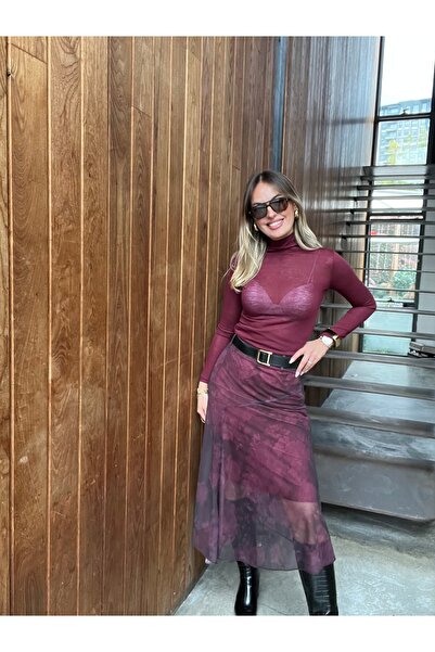 AÈC PRIVÈ Aec Prive Women's Burgundy Elegant Belted Tulle Skirt