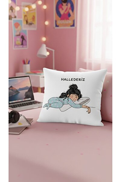 Etnik Dekor Digital Printing Single Throw Pillow Cover with the Text'Hallederiz'