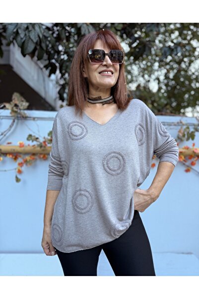 DenizEge Women's V-Neck Knitwear with Ring Motif Embossed Angora Blend in Gray