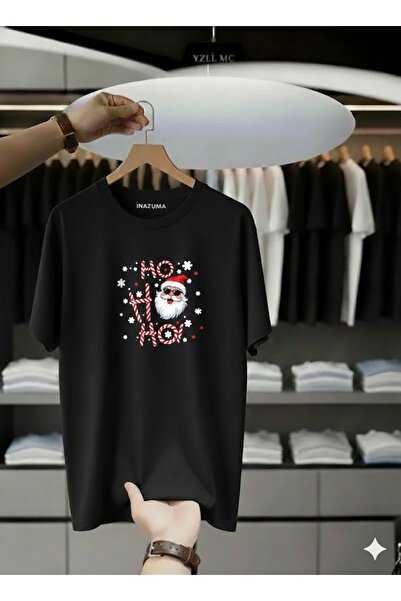 İnazuma Outdoors Unisex Oversized Printed Cotton Crew Neck Short Sleeve Black T-Shirt Ho Ho Ho!