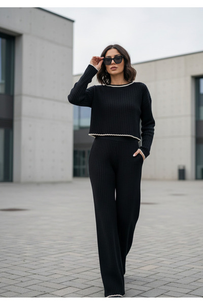 YusGos Women's Crew Neck Shepherd Stitch Knit Crop Sweater Pants Knitwear Top and Bottom Set Black-S