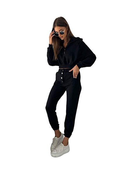 ADROM Women's Tracksuit with Hood, Snap Buttons on Hoodie and Pants, Cotton, Black - M INTL