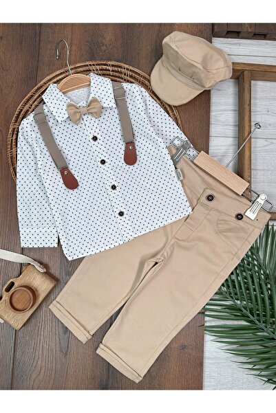 Bolly Baby Lycra Gabardine Trousers Linen Shirt 5-Piece Baby Boy Suit with Strap Belt, Hat and Bow Tie