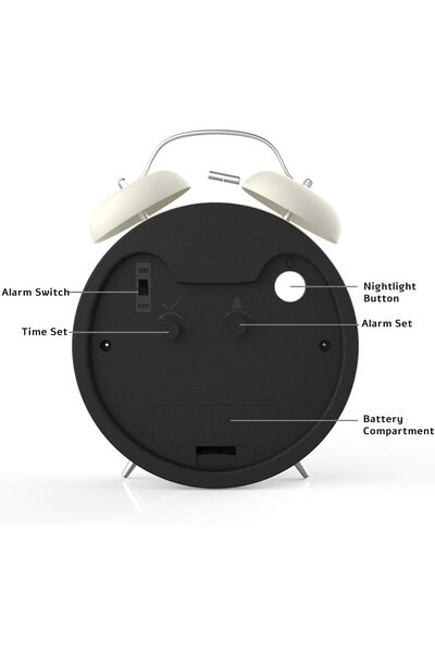 X SPRING Twin Bell Alarm Clock - Non-ticking Vintage Analog with Backlight (White)