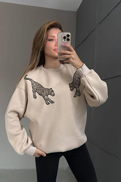 cemo Sequin Embroidered Tiger Detailed Oversized Sweatshirt