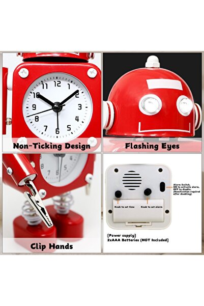 MASROO ساعة منبه روبوتية غير موقوتة مصنوعة من المعدن المقاوم للصدأ - ساعة إيقاظ مزودة بأضواء عين وامضة وساعة