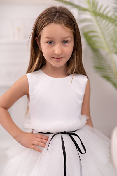 Asel Kids Rochie de seară albă pentru fete pentru ocazii speciale Rochie cu etaje din tul