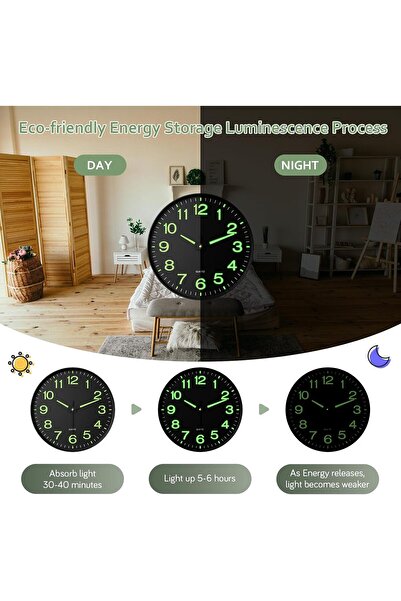 Generic Night Light Wall Clock, 12-inch Silent Non-Ticking Quartz, Glow-in-the-Dark (Black)