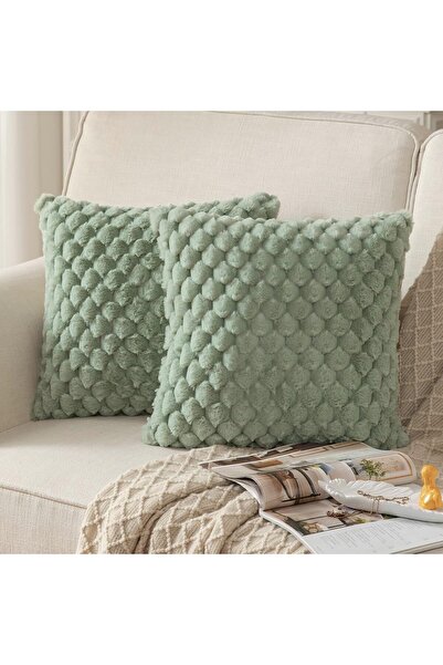 BananaHome 2pack Super Soft Cozy Plaid Faux Fur Throw Pillow Covers 45x45cm (Sage Green)