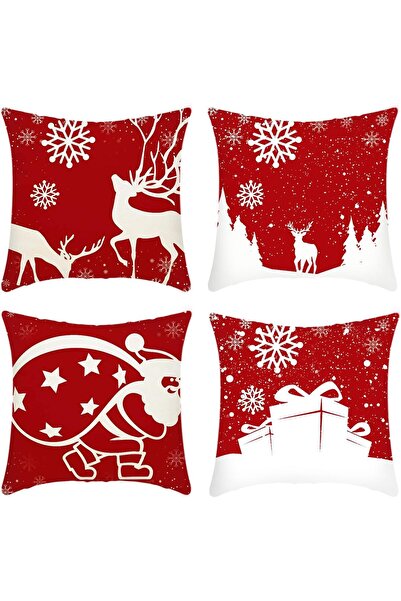 Generic Christmas Pillowcase Set of 4 - 45x45 cm Hidden Zipper Cushion Covers with Santa, Reindeer and Gift