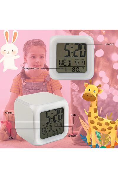 JOYZZZ LED Kids Alarm Clock, 7-Color Night Light Cube, Battery Powered (White)
