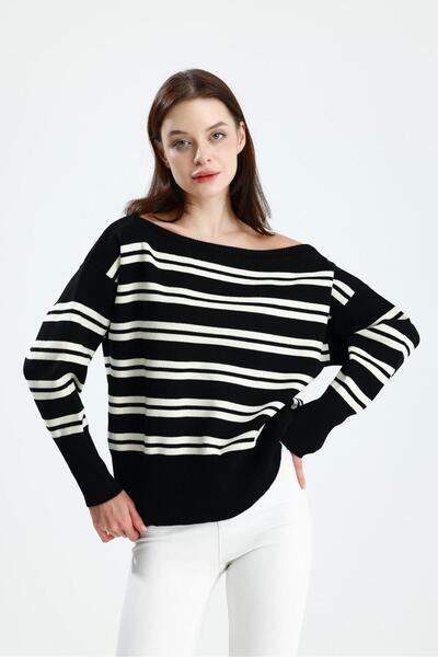 dgs look Pulover de tricotat cu dungi asimetrică Rib croială pentru femei, negru