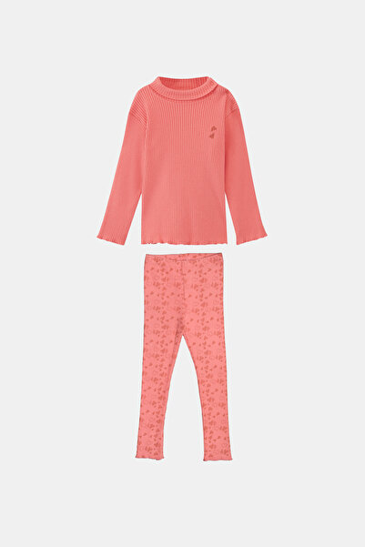 LOVETTI Salmon Heart Printed Girls' Ribbed Knit Bottom Top Set