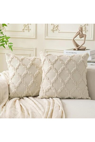 Yelajoy 2-Pack 45×45cm Faux Wool Embroidered Pillow Covers, Beige Geometric