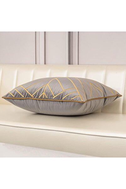 Aeckself 20x20 Inch Grey Gold Striped Geometric Embroidery Velvet Cushion Cover 50x50cm