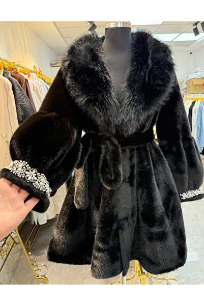 İthal Siyah kürk inci detaylı