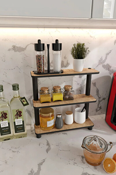 RAVILO Tezgah Üstü 3 Katlı Dikdörtgen Dekoratif Raf Meşe