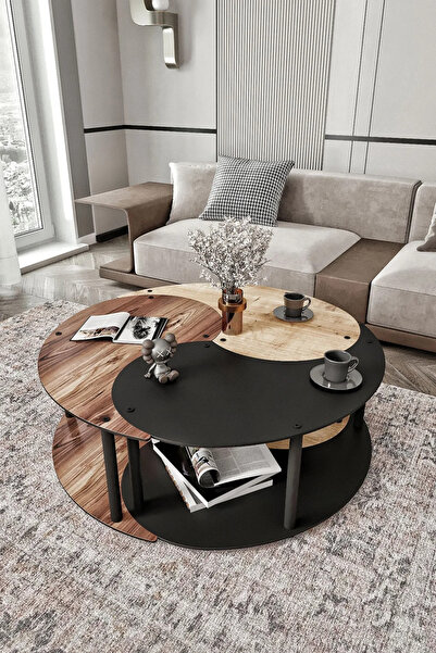 RAVILO Yin Yang 3'lü Orta Sehpa Siyah Ceviz Meşe 90 cm