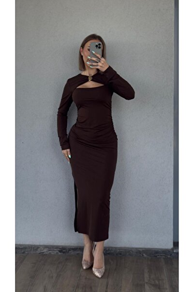 Fav Style Women's Cut Out Detailed Long Sleeve Slit Long Dress Brown