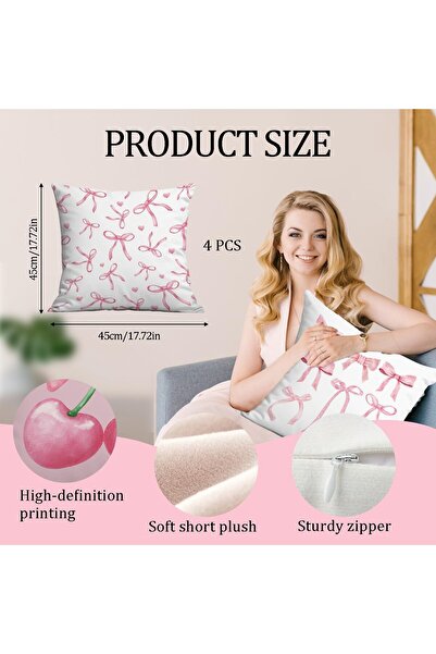 TERRIFI 4 Pcs Plush Cushion Covers 45x45 cm Pink Watercolor Cherries & Bows
