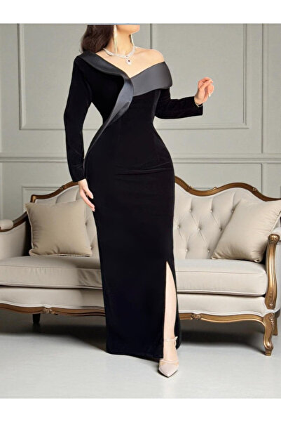 Nice Model فستان سهرة أسود أنيق مكشوف الكتفين مع ثنيات من الساتان وأكمام طويل...