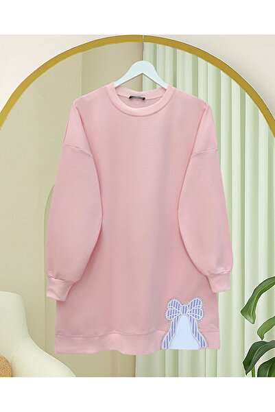 Modamorfo Round Neck Skirt Bow Detailed Loose Combed Cotton Tunic -Powder