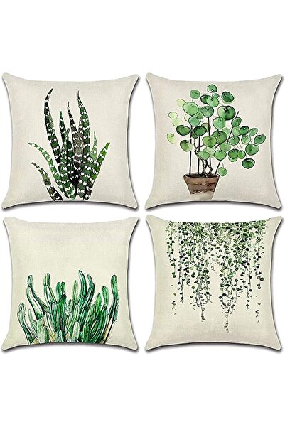 KASTWAVE مجموعة من 4 أغطية وسائد مزخرفة مقاس 45 × 45 سم - أوراق خضراء