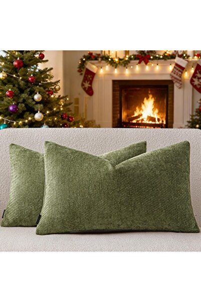 a moment عبوة من غطائي وسادة شينيل مزخرفين، مائل، 12 × 20 بوصة، لون أخضر طحلب