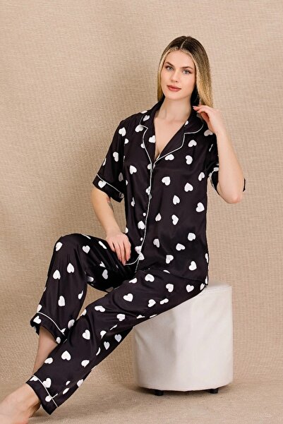 lidofya Buttoned Short Sleeve Heart Black Satin Pajama Set
