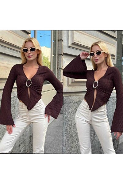 Azra Moda Style Spanish Sleeve Buckle Seersucker Fabric Blouse Women