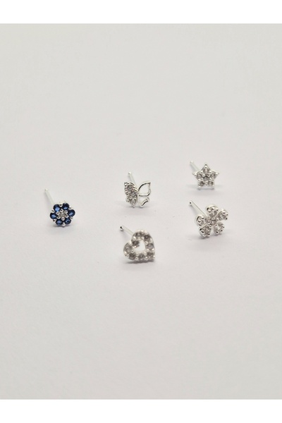 Set 925 Ayar Gümüş | EKONOMİK 5 ADET | Zirkon Taşlı Burun Piercing Hızma Seti
