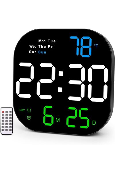 TERRIFI ساعة حائط رقمية، شاشة عرض كبيرة، 10.55 بوصة LED، جهاز تحكم عن بعد، التاريخ، الأسبوع، درجة الحرارة، تعتيم تلقائي