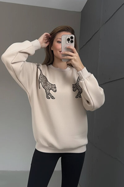 cemo Sequin Embroidered Tiger Detailed Oversized Sweatshirt