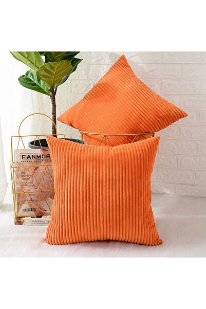 MERNETTE Pack of 2 Corduroy Decorative Throw Pillow Covers 45x45 cm (Striped Orange)