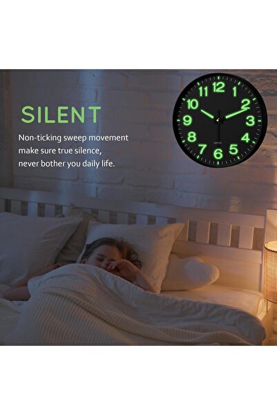 Generic Night Light Wall Clock, 12-inch Silent Non-Ticking Quartz, Glow-in-the-Dark (Black)