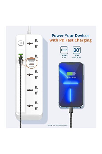 HYX سلك تمديد طاقة عالمي بخمسة منافذ مع USB PD و QC3.0، سلك بطول 2 متر