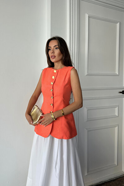 Kanonik Education Jacquard Linen Vest with Gold Buttons at the Waist - Orange