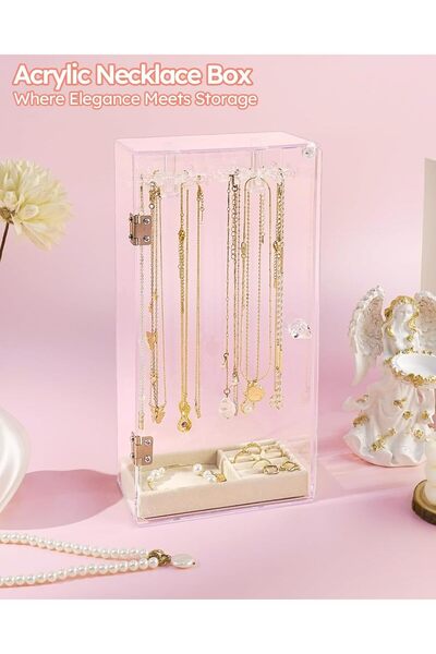 Yelajoy 24-Hook Acrylic Necklace Holder Organizer with Detachable Velvet Tray
