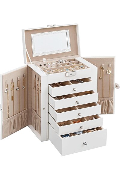 SONGMICS صندوق مجوهرات بستة طوابق مع مرآة، قابل للقفل، ٥ أدراج، أبيض - UJBC15...