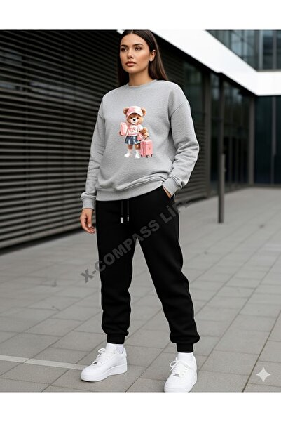 x-compass life Women/Girls Loose Fitting Zero-Necklace Sweatshirt Set with Bag Bear Printed