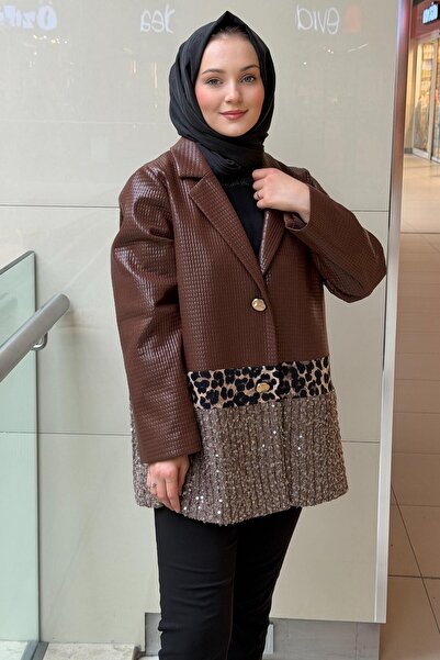 Ghisa Square Patterned Leather Jacket with Sequins and Leopard Detail