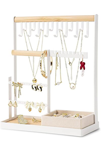 TAME منظم مجوهرات، منظم قلادات بأربع طبقات مع صينية للخاتم - أبيض